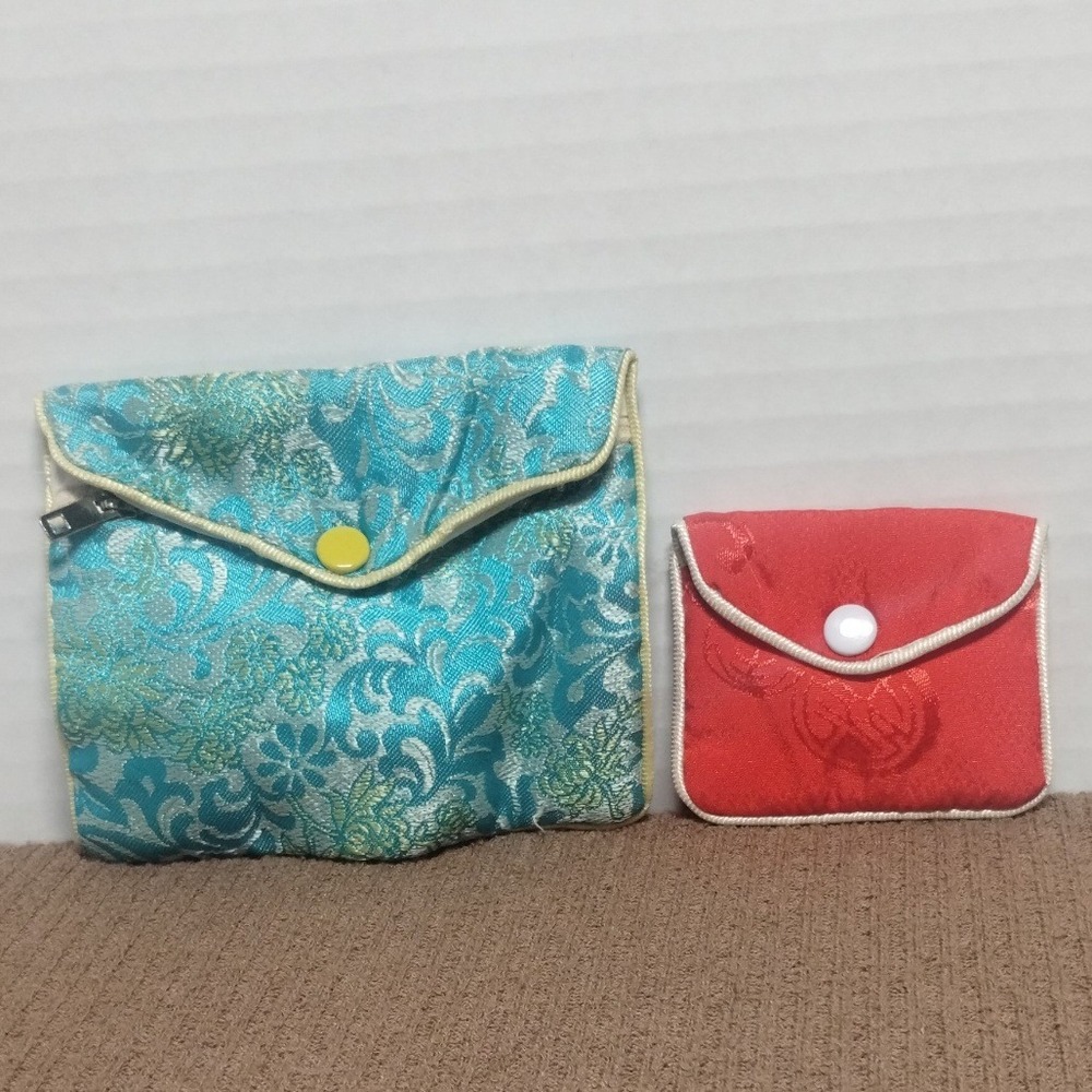 Vintage Chinese Silk Brocade Jewelry Pouch Set Blue Red Floral Zipper Snap 2pc